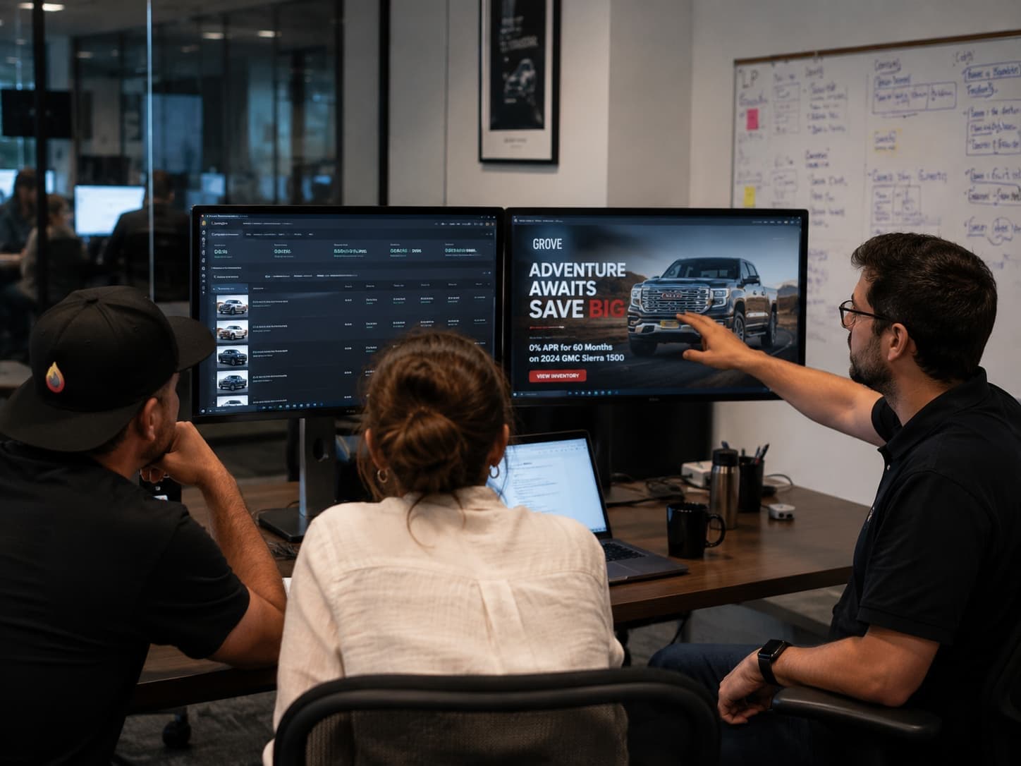 Agency team at screens reviewing automotive campaigns